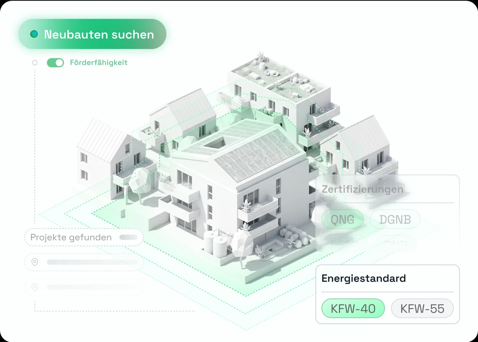 Förderfähige Neubauprojekte. - Chancen nutzen.: Visualisierung der building.earth Plattform Features für Finanzierungsrechner und Förderungsoptionen